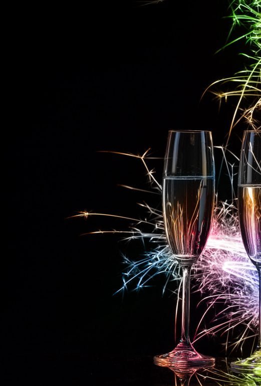 Glasses and bottle of champagne in colored sparks of Bengal ligh